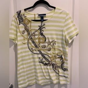 Karen Scott Womens Medium Sea Shell Short Sleeve Fitted Shirt Stripes Vacation